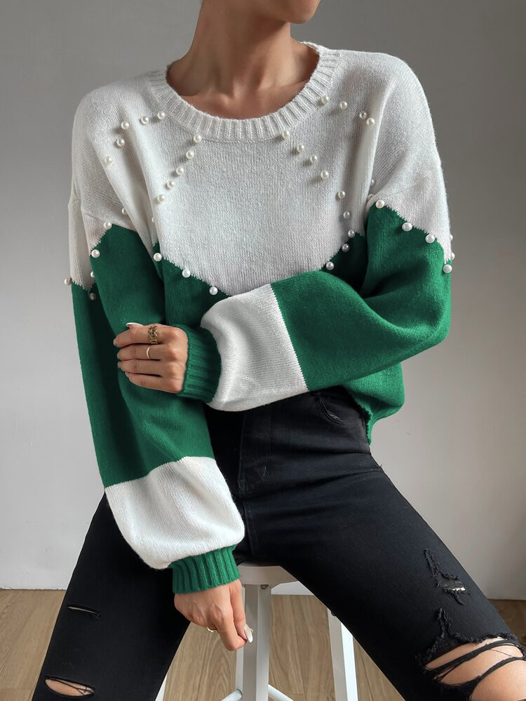 Colorblock Pearls Beaded Drop Shoulder Sweater | SHEIN
