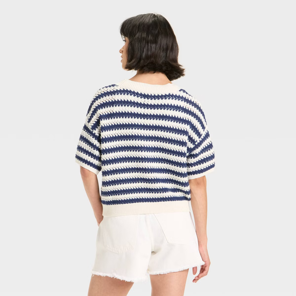 Women's Short Sleeve Button-Front Cardigan - Universal Thread™ Blue Striped M | Target