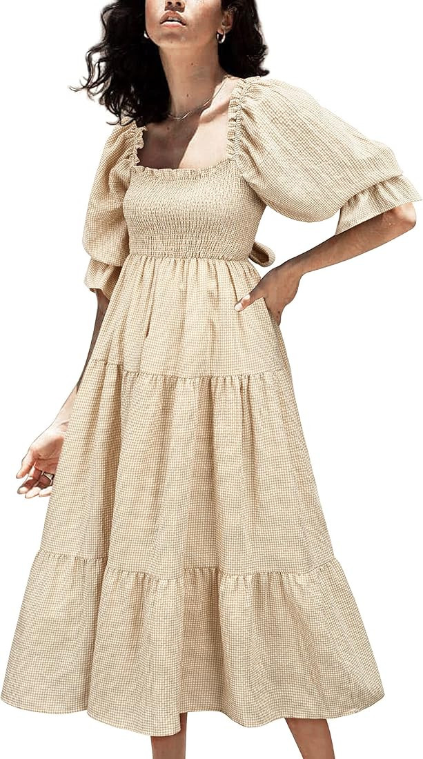 UIMLK Women's Puff Sleeve Smocked Gingham Off The Shoulder Back Bow Tie Flowy Cottagecore Bohemia... | Amazon (US)