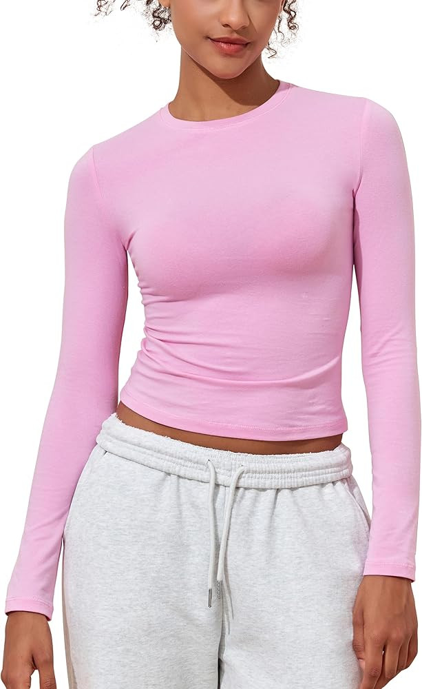 PrettyGuide Women's Cotton Jersey Long Sleeve Shirts Tight Fit Crewneck Crop Tops Basic Fall Goin... | Amazon (US)