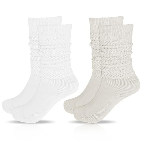 2 Pairs Slouch Socks Women Knee High Scrunch Socks Cotton Knit Extra Long Socks Soft High Boot Socks (White/Ice Cream Color) | Amazon (US)