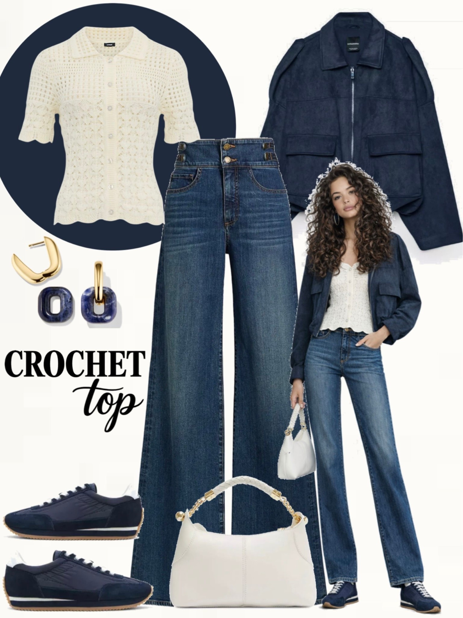 Cream crochet top with medium wash wide-leg jeans, navy suede jacket, navy sneakers, and a white shoulder bag.
#casualoutfits #denimlook #springstyle

#LTKSeasonal #LTKootd #LTKOver40
