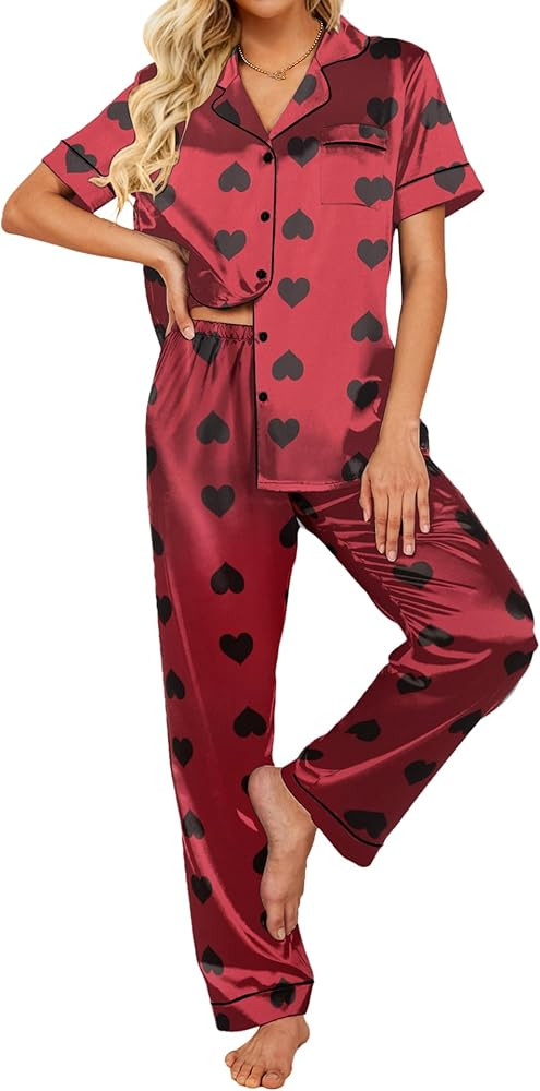 Ekouaer Silk Satin Pajamas Set Women Short Sleeve Sleepwear Soft Button Down Loungewear Pjs Set | Amazon (US)