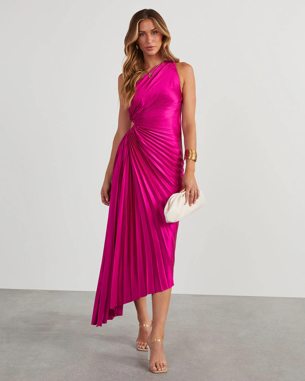 Modern Day Glam Satin Pleated One Shoulder Cutout Asymmetrical Maxi Dress | VICI