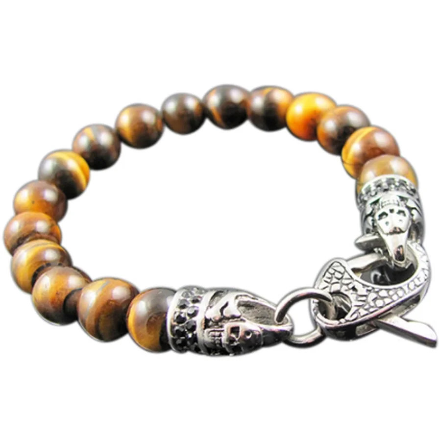 Men's Genuine Tiger's Eye Stainless Steel Bead Bracelet with Black CZ | Walmart (US)