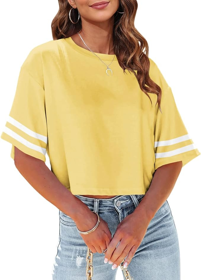 Tankaneo Women Half Sleeve Cropped T-Shirts Drop Shoulder Round Neck Crop Tops Casual Summer Soli... | Amazon (US)