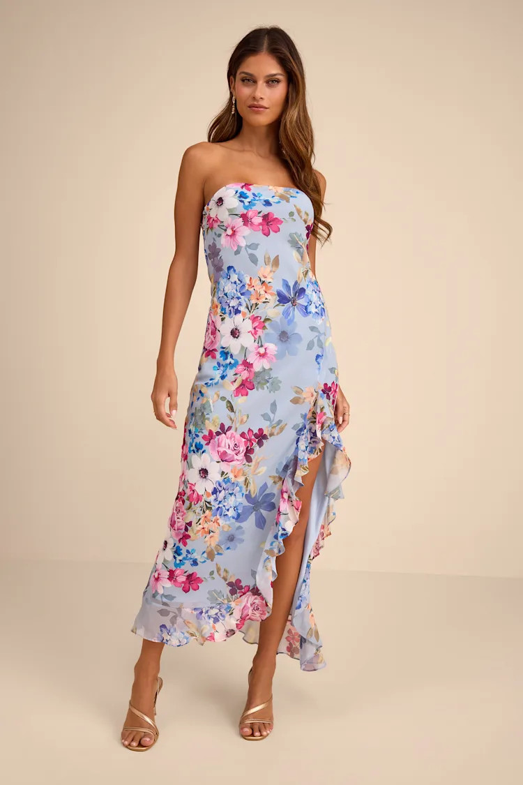 Melissa Light Blue Multi Floral Ruffled Midi Dress | Lulus