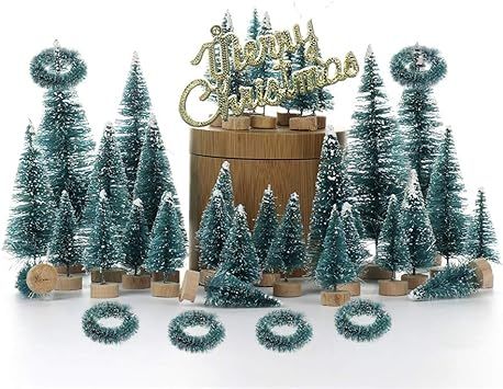 Develoo 48PCS Artificial Mini Christmas Trees, Sisal Trees with Wreath and Merry Christmas Sign W... | Amazon (US)