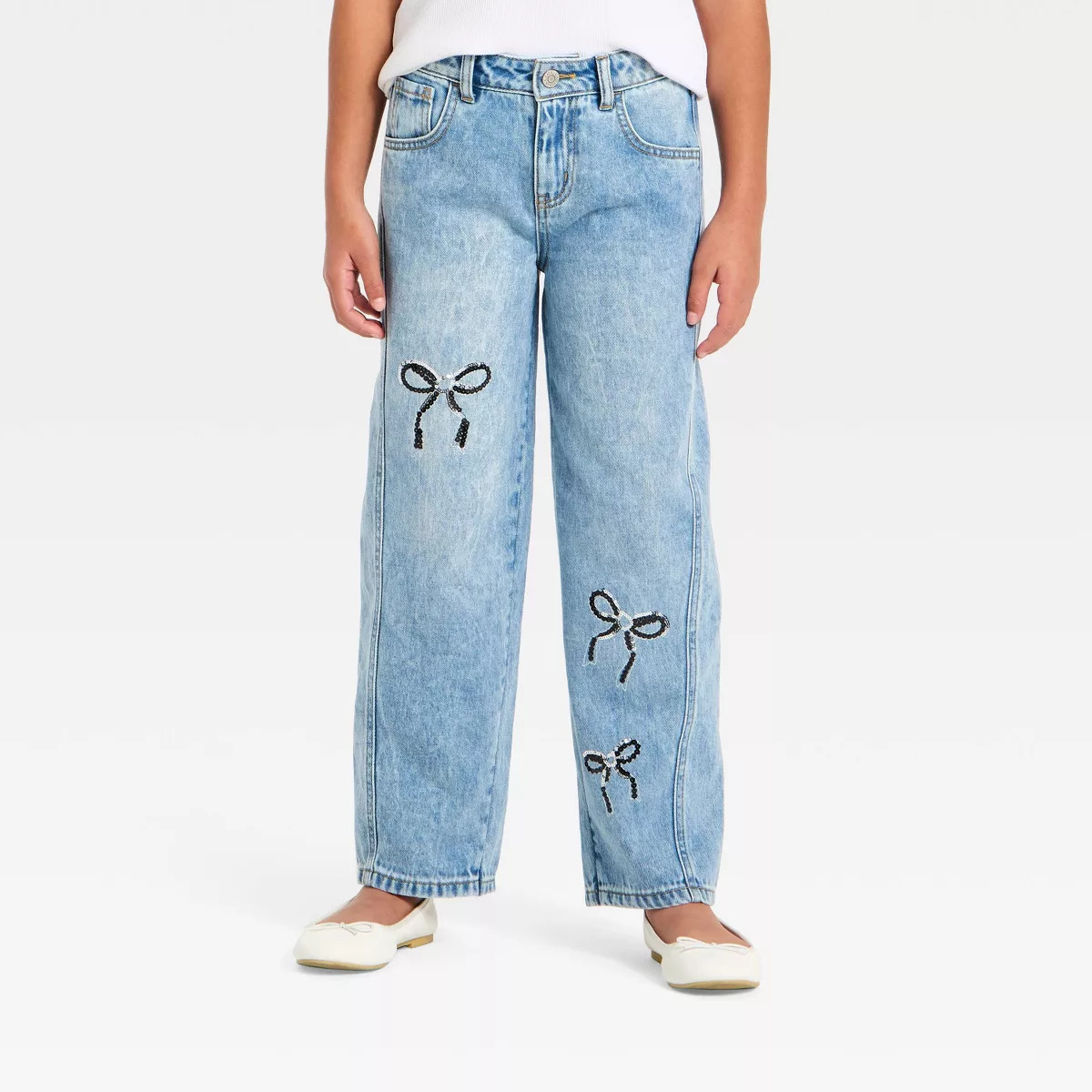 Girls' Sequin Bow Barrel Jeans - Cat & Jack™ Light Wash 14 | Target