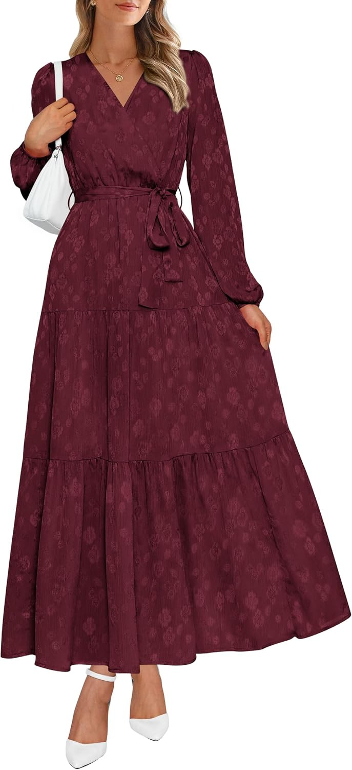 PRETTYGARDEN Womens Long Sleeve Boho Floral Wrap Maxi Dress | Amazon (US)
