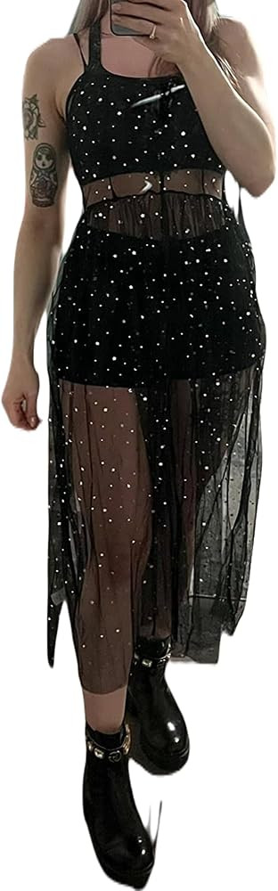 Women's Tulle Sheer Mesh Sequin Swimsuit Cover Up Sparkly Flowy Long Maxi Slit Dress Rave Festival Sexy Outfits | Amazon (US)