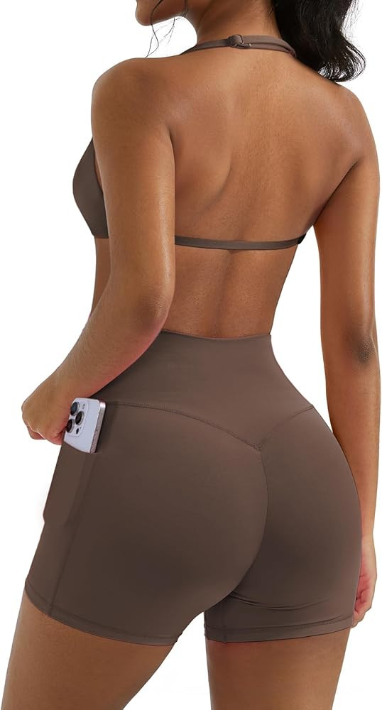 OMKAGI 2 Piece Workout Sets for Women Open Back Strappy Sports Bra Matching Gym Outfits with Pockets | Amazon (US)