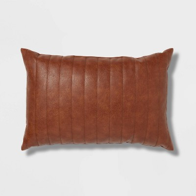 Oblong Faux Leather Channel Stitch Decorative Throw Pillow Cognac - Threshold™: Indoor Polyurethane & Cotton Blend Lumbar Pillow | Target