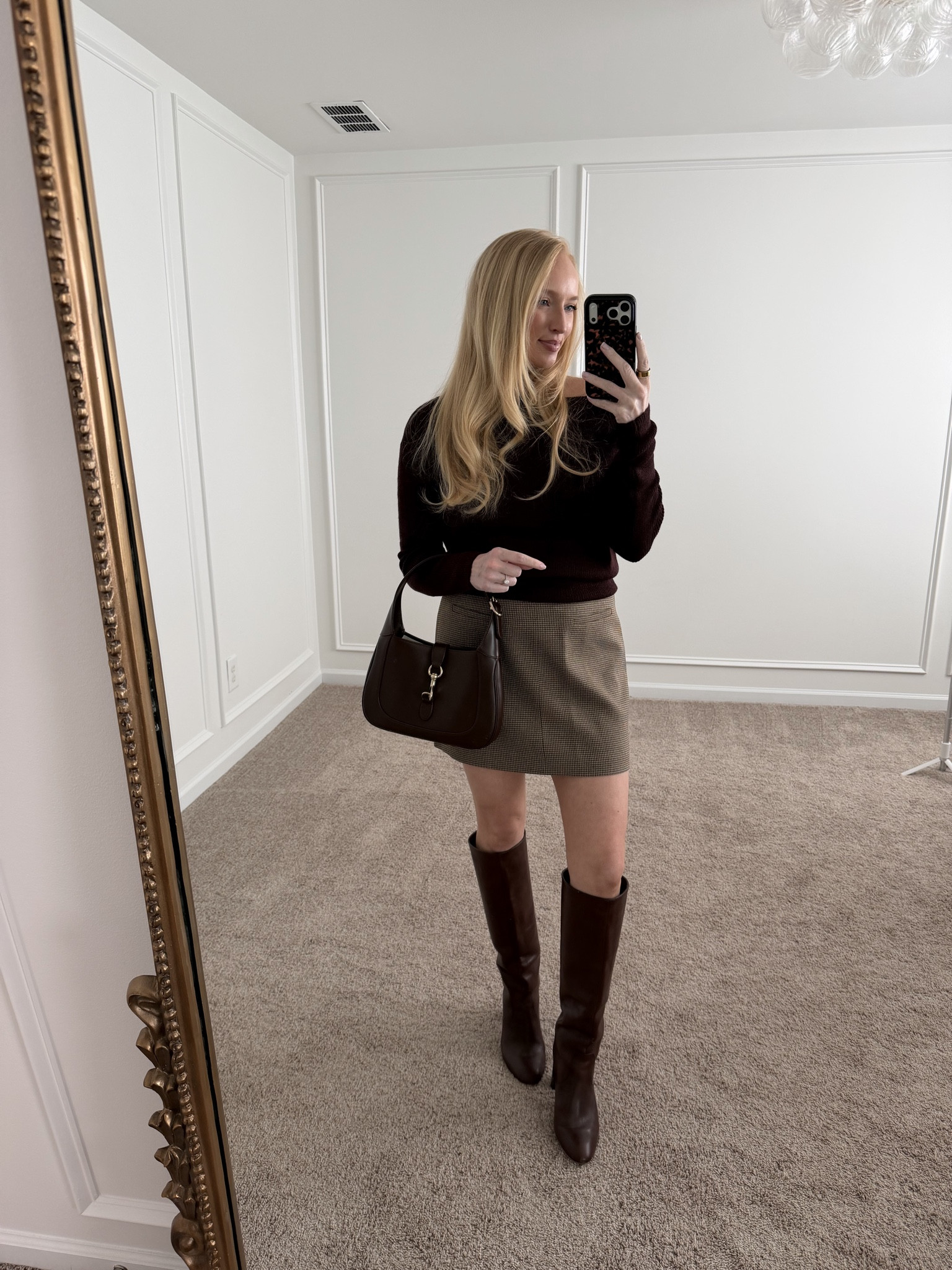 Winter date night outfit! This slouchy off the shoulder sweater fits TTS and isnt annoying  - it stays in place well! 

Neutral winter outfit // mini skirt // off the shoulder // knee high boots // Valentine’s Day date 