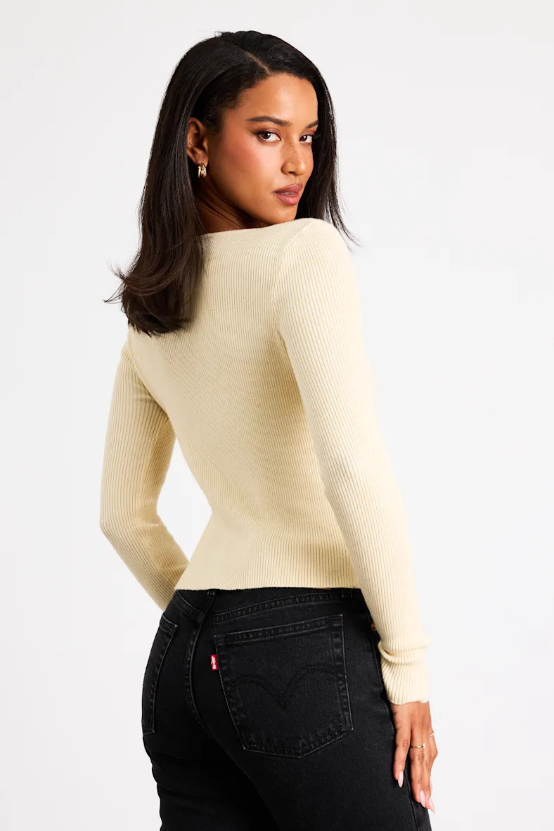 Scalia Cream Ribbed Knit Button-Front Long Sleeve Top | Lulus