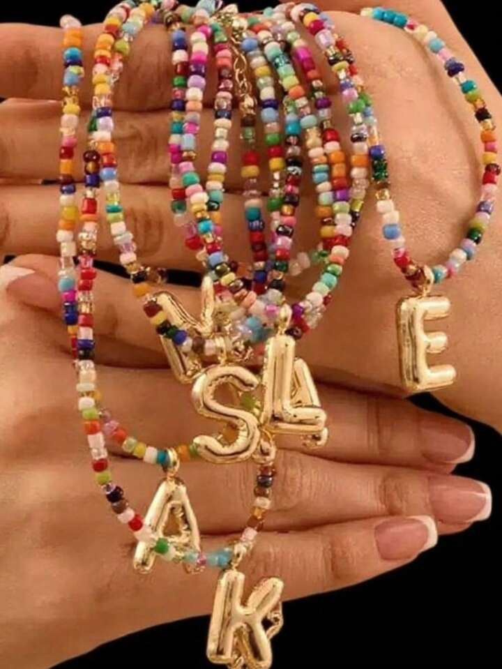 1pc Colorful Handmade Beaded Letter Necklace, Gift For Girls - Cute Letter Necklace For Teen Girls, Women's Fashion Letter Necklace For Girls, Personalized Birthday Back To School Gift For Kids Christmas | SHEIN