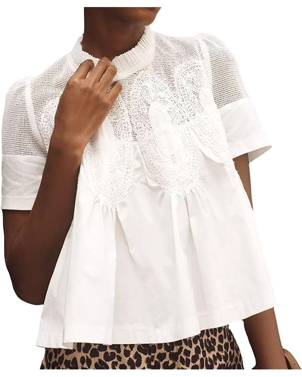 VAOYIU Women Lace-Detail Flared Blouse Short-Sleeve Crew Neck Lace Poplin Mesh Swing Top Elegant ... | Amazon (US)