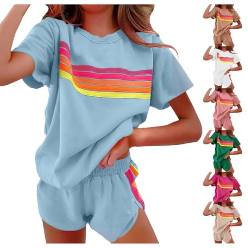 Rianclud Womens 2 Piece Lounge Sets Summer Outfits Rainbow Striped Short Sleeve Tops and Shorts Set Sweatsuits Tracksuits | Amazon (US)