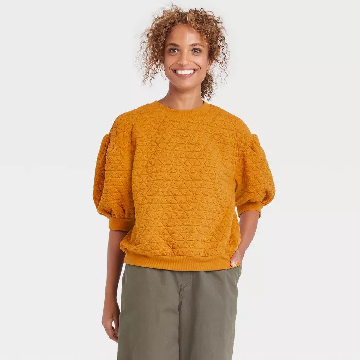Women's 3/4 Sleeve Quilted Pullover Sweatshirt - A New Day™ Orange M | Target