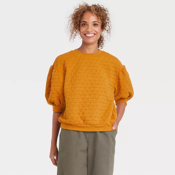 Women&#39;s 3/4 Sleeve Quilted Pullover Sweatshirt - A New Day&#8482; Orange M | Target