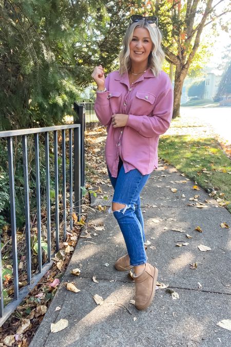 Throwback to last fall. I’m SO ready for jeans, ugg boots and layers. 

Waffle shacket size medium color is purple pink 
Jeans curve love 27short 


#LTKunder100 #LTKSeasonal #LTKstyletip