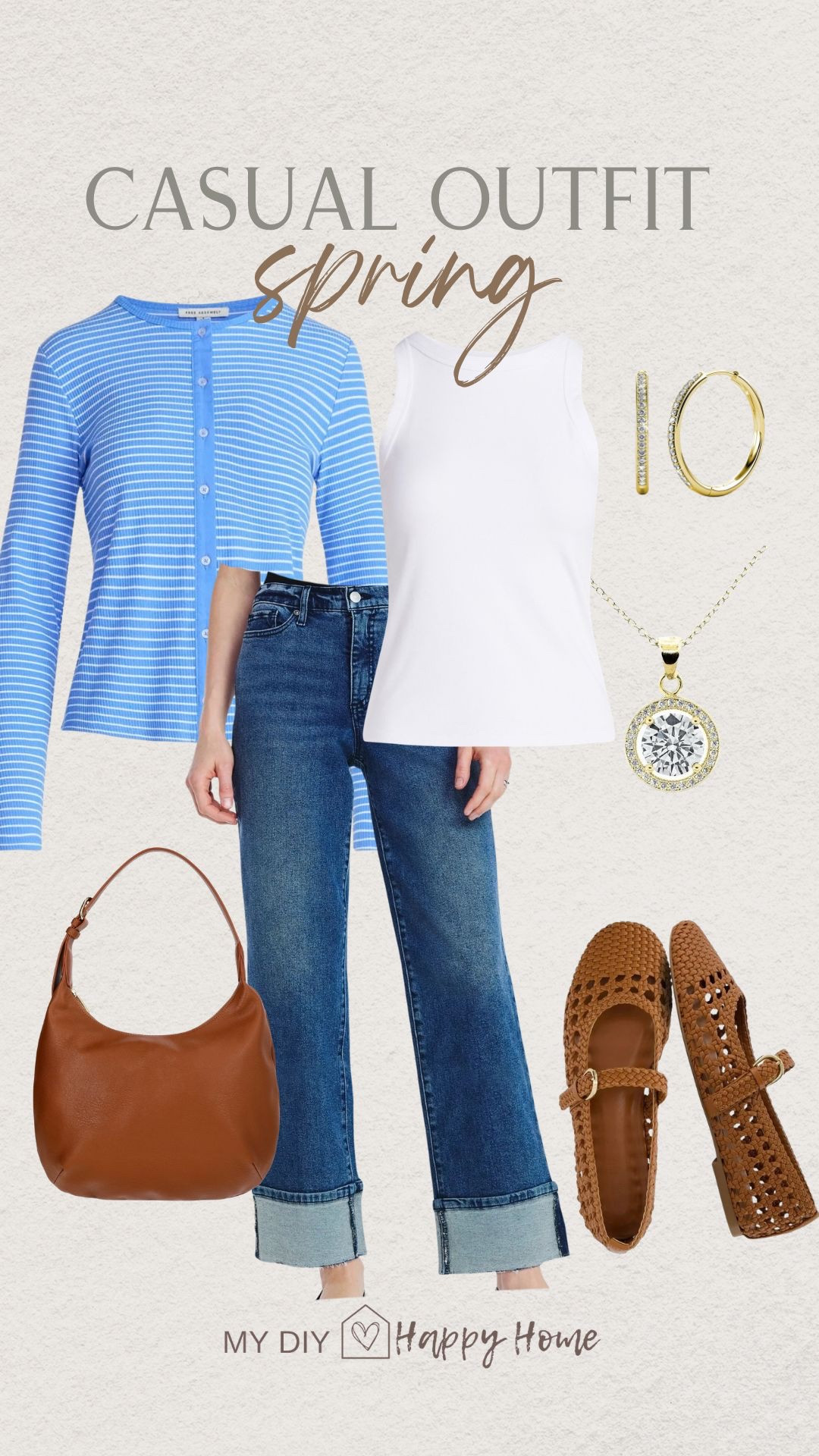 Spring outfit inspiration 

Lightweight cardigan- more colors 
Striped sleeveless top- several colors 
Cropped cuff jeans - three lengths 
Mary Jane woven flats 
Handbag 
Necklace 
Gold hoop earrings 

#LTKPetite #LTKMidsize #LTKootd