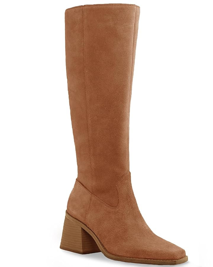 Coutgo Women's Knee High Boots Wide Calf Square Toe Chunky Heeled Pull-on Boot | Amazon (US)