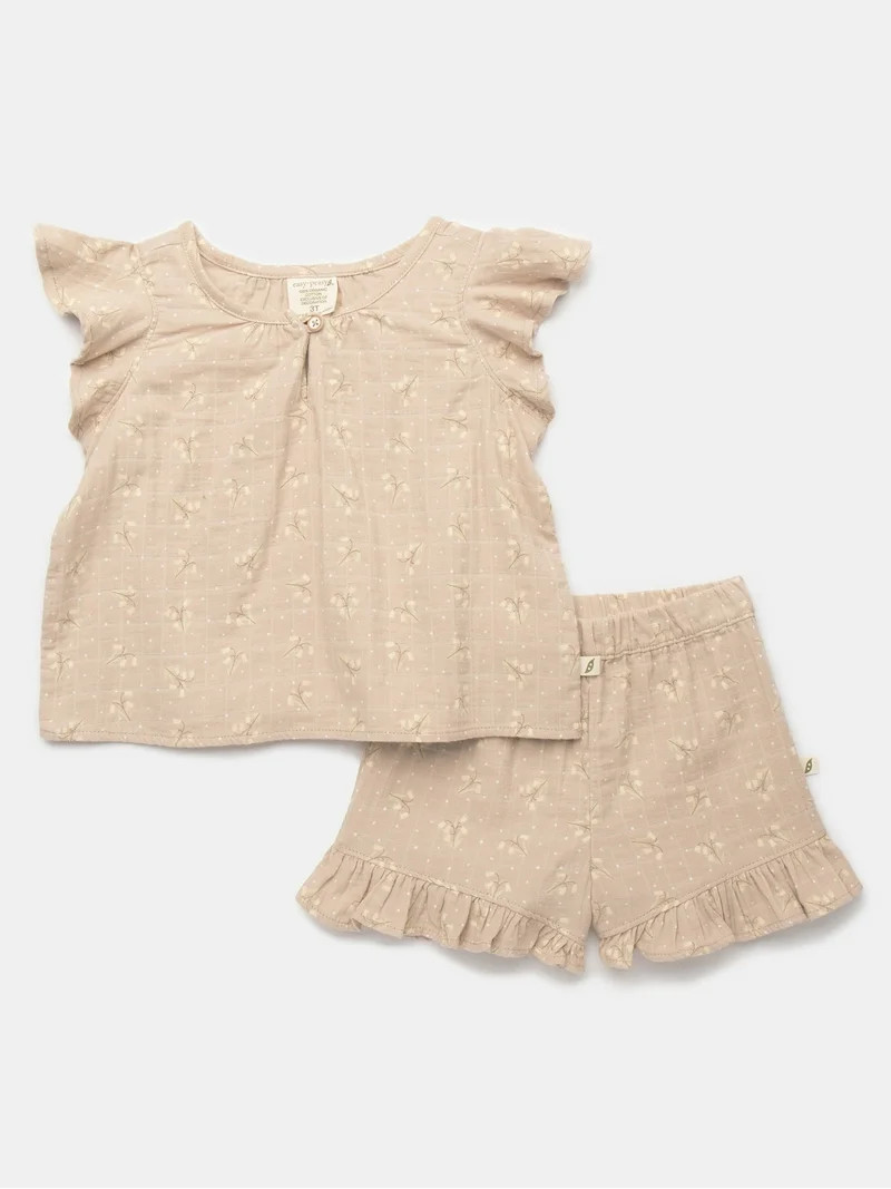 easy-peasy Toddler Girls Organic Dobby Check Ruffle Top & Shorts Set, 2-Piece, Sizes 18M-5T | Walmart (US)