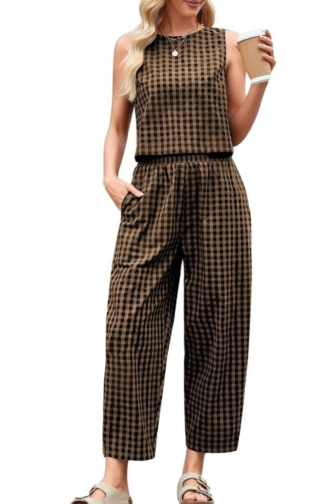 Women's 2 Piece Lounge Outfits Plaid Sleeveless Tank Tops Pullover High Waist Wide Leg Barrel Pan... | Amazon (US)