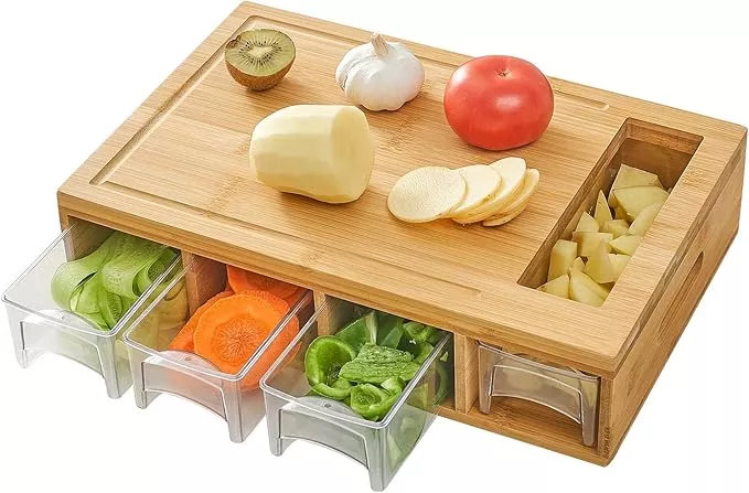 Casafield Bamboo Cutting Board Set with Food Storage Trays and Lids, Brown