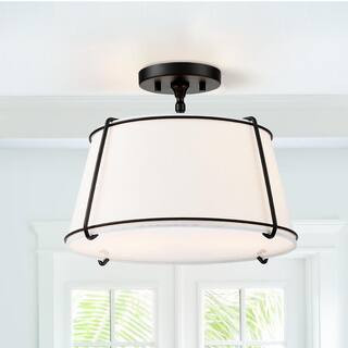 Celina 15 in. 2-Light White Fabric Semi-Flush Mount Light With Black Hardware | The Home Depot