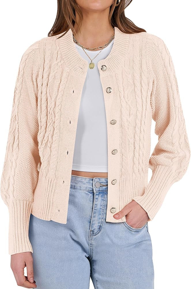ANRABESS Women Long Sleeve Cable Knit Button Down Open Front Cropped Cardigan Sweater Coat Cute S... | Amazon (US)