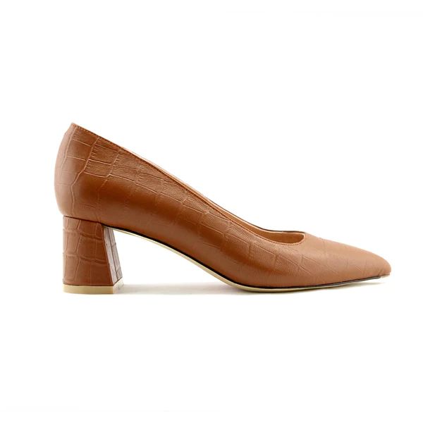 Cognac Embossed Leather Lower Block Heel | ALLY Shoes