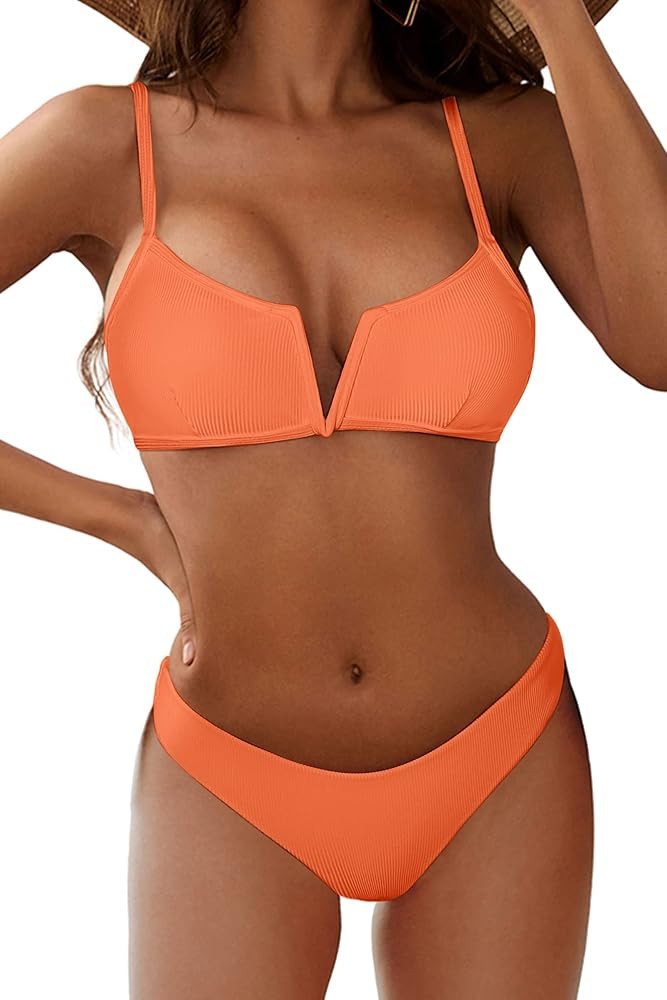 ZAFUL Women's High Cut Bikini Sets Ribbed V-Wire Cami Bikini Two Piece Swimsuit | Amazon (US)