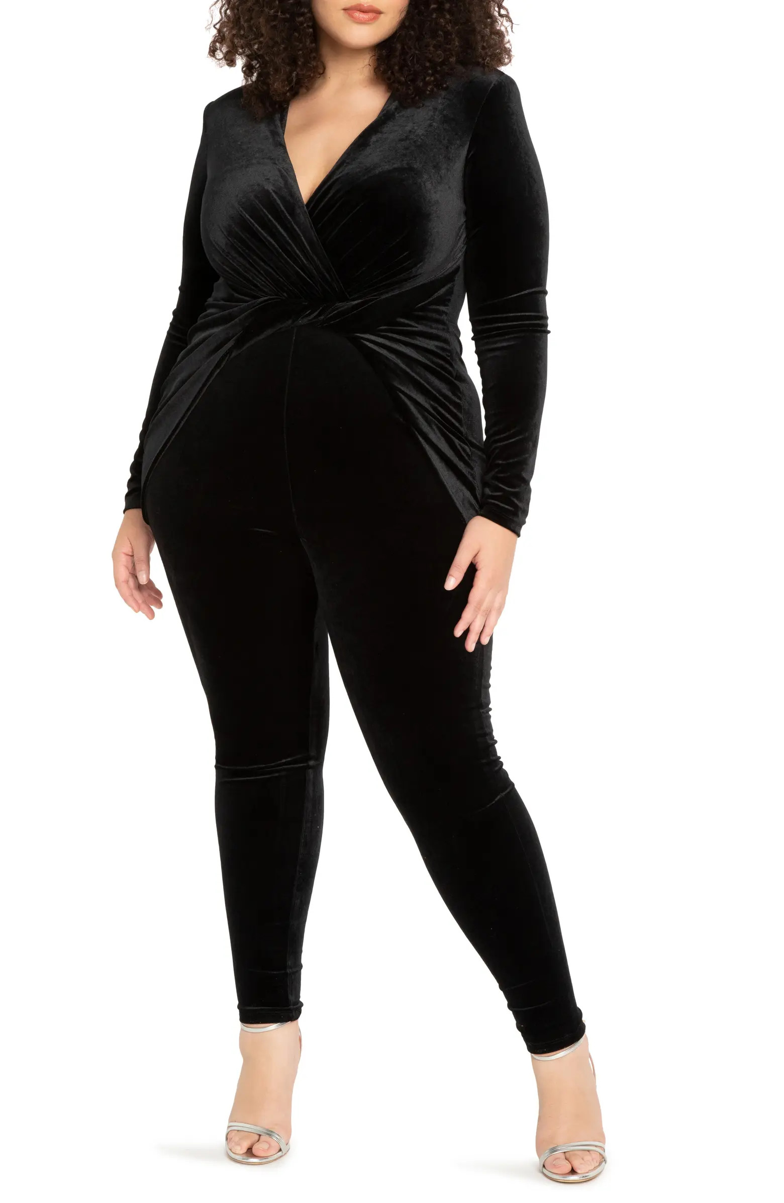 ELOQUII Twist Detail Long Sleeve Velvet Catsuit | Nordstrom | Nordstrom