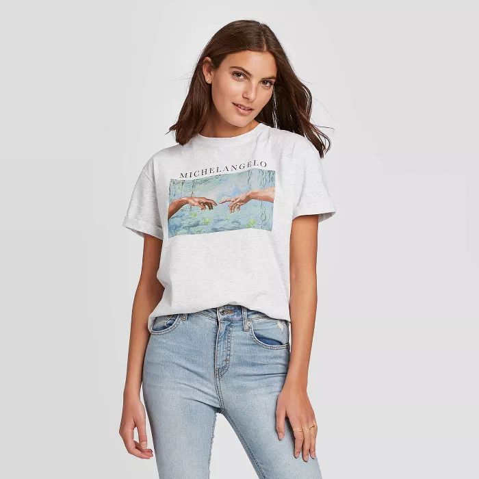 Women's Michelangelo Art Rolled Cuff Short Sleeve Graphic T-Shirt (Juniors') - Ash | Target