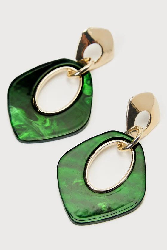 Perfect Effect Gold and Green Geometric Statement Earrings | Lulus