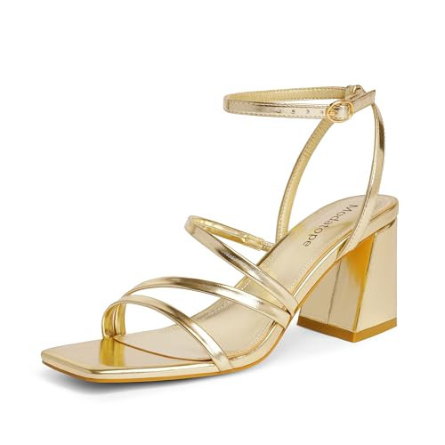 Modatope Gold Strappy Heels for Women Metallic Heeled Sandals Square Open Toe Ankle Strap Gold Heels Women Chunky Heel Sandals Size 6.5 | Amazon (US)
