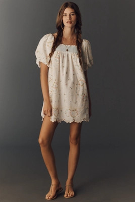 By Anthropologie Embroidered Puff-Sleeve Babydoll Dress | Anthropologie (US)