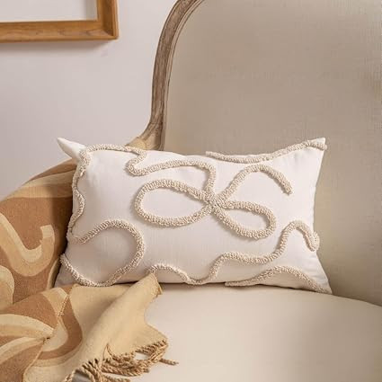 Coquette Bow Tufted Throw Pillow Cover 12x20, Boho Neutral Linen Cushion Case, Farmhouse Modern D... | Amazon (US)