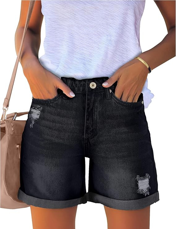 luvamia Women's Casual Ripped Denim Shorts High Rise Distressed Rolled Hem Jeans Shorts | Amazon (US)