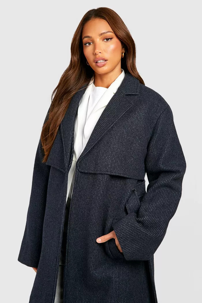 Tall Pinstripe Belted Wool Trench Coat | boohoo (US & Canada)