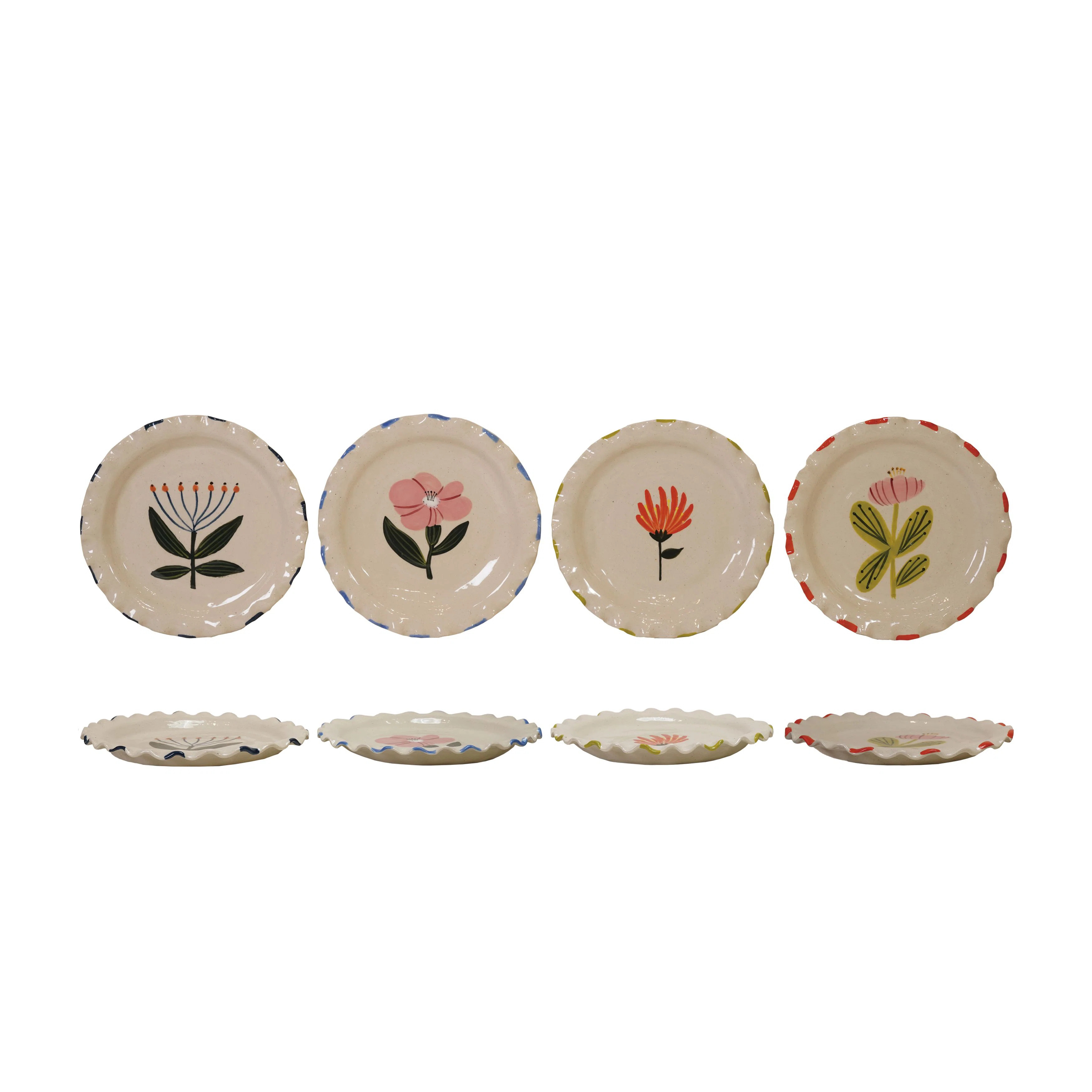 4-Piece Hand-Painted Stoneware Plate Set With Flower Image And Ruffled Edge | Wayfair North America