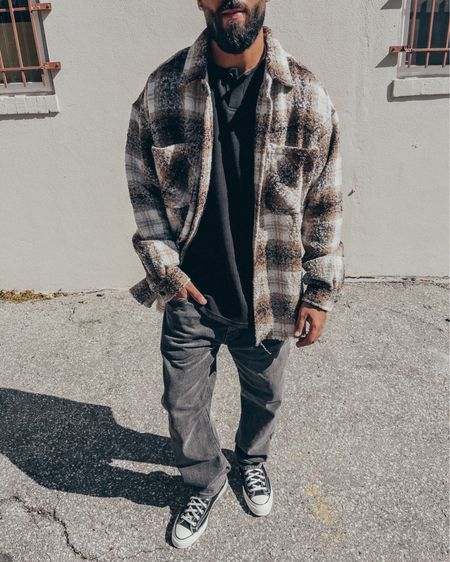 PACSUN Plaid Shacket (size L), black vintage loose jeans (size 32x32). ESSENTIALS Black Henley long sleeve shirt (size M). CONVERSE Black Chuck 70 High Top sneakers (size 9US). All items available at PACSUN and some items from this look are currently on sale. A cozy look perfect for Fall. 

#LTKstyletip #LTKmens #LTKsalealert