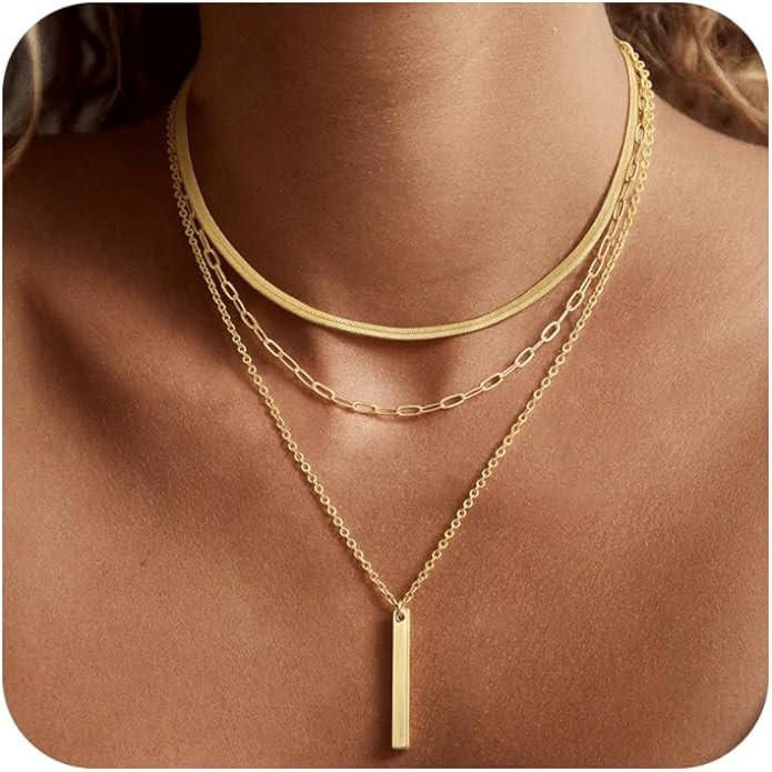 BERISO 14K Gold Plated Layered Necklace for Women, 3 Layer Dainty Gold Necklace with Minimalist P... | Amazon (US)