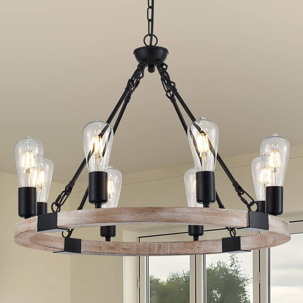 8 Lights Small Wood Wagon Wheel Chandelier Farmhouse 23.6'' Black&Cream Colored Rustic Chandelier... | Amazon (US)