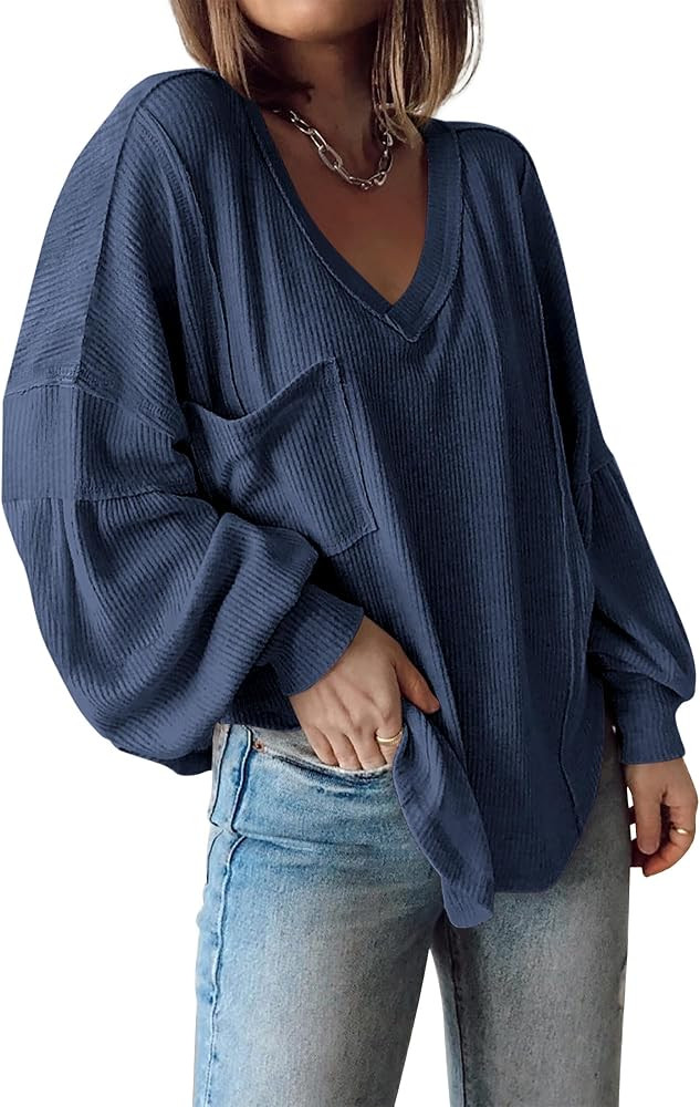 BTFBM Womens Fall Fashion 2025 Long Sleeve Shirts Casual V Neck Ribbed Knit Blouses Pullover Tren... | Amazon (US)