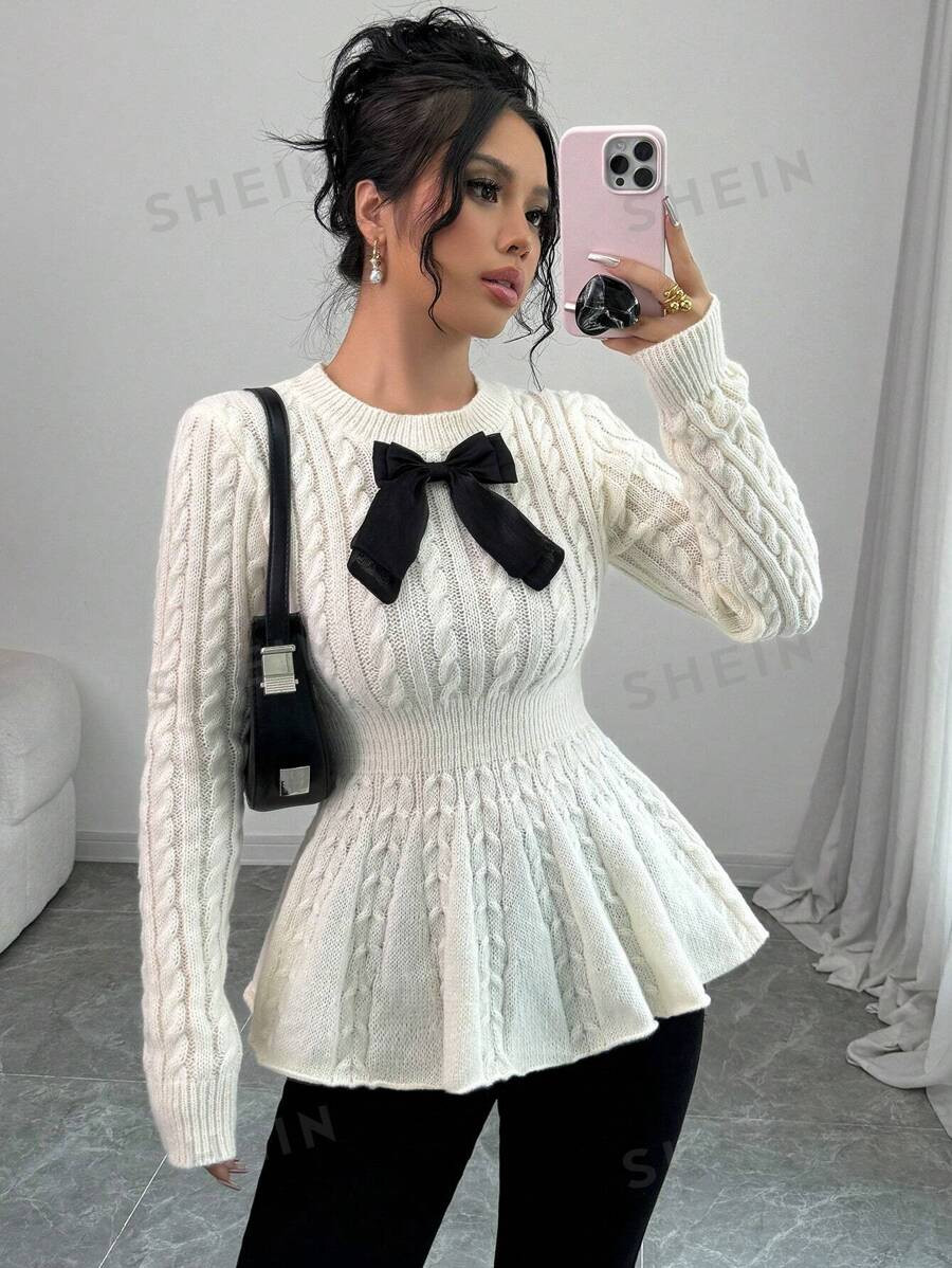 SHEIN Elenzya Women's Round Neck Long Sleeve Bow Decor Casual Pullover Sweater | SHEIN
