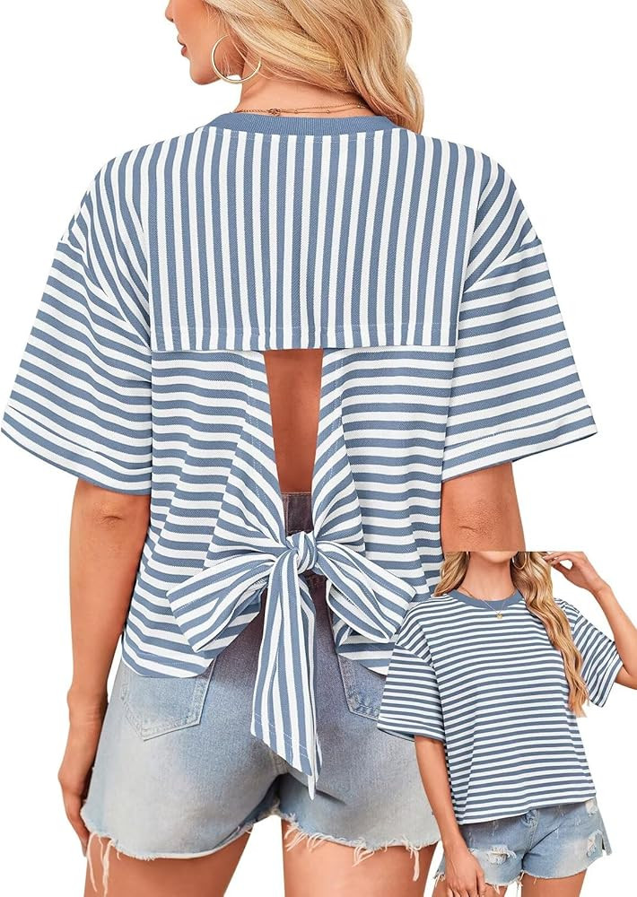 Falechay Womens Summer Tops Loose Fit Crewneck Short Sleeve Casual Striped T Shirts Bowknot Cutou... | Amazon (US)