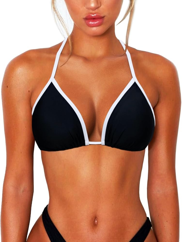 String Bikini Tops for Women Bathing Suit Swim Tops Sexy Triangle Bikini Top Black | Amazon (US)